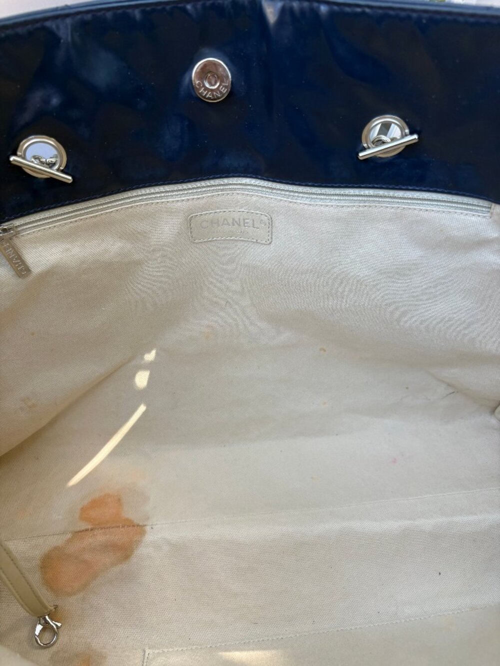 CHANEL Navy Blue Quilted Patent Leather Tote Bag Silver Chain Shoulder Bag - Picture 14 of 16
